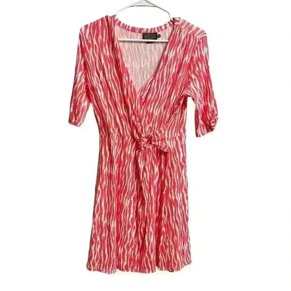 Pendleton Women's Dress Petite Small Salmon/Pink Faux Wrap 3/4 Ruched Sleeve